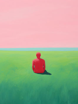 a red person in the middle of green grass and a pink backgorund