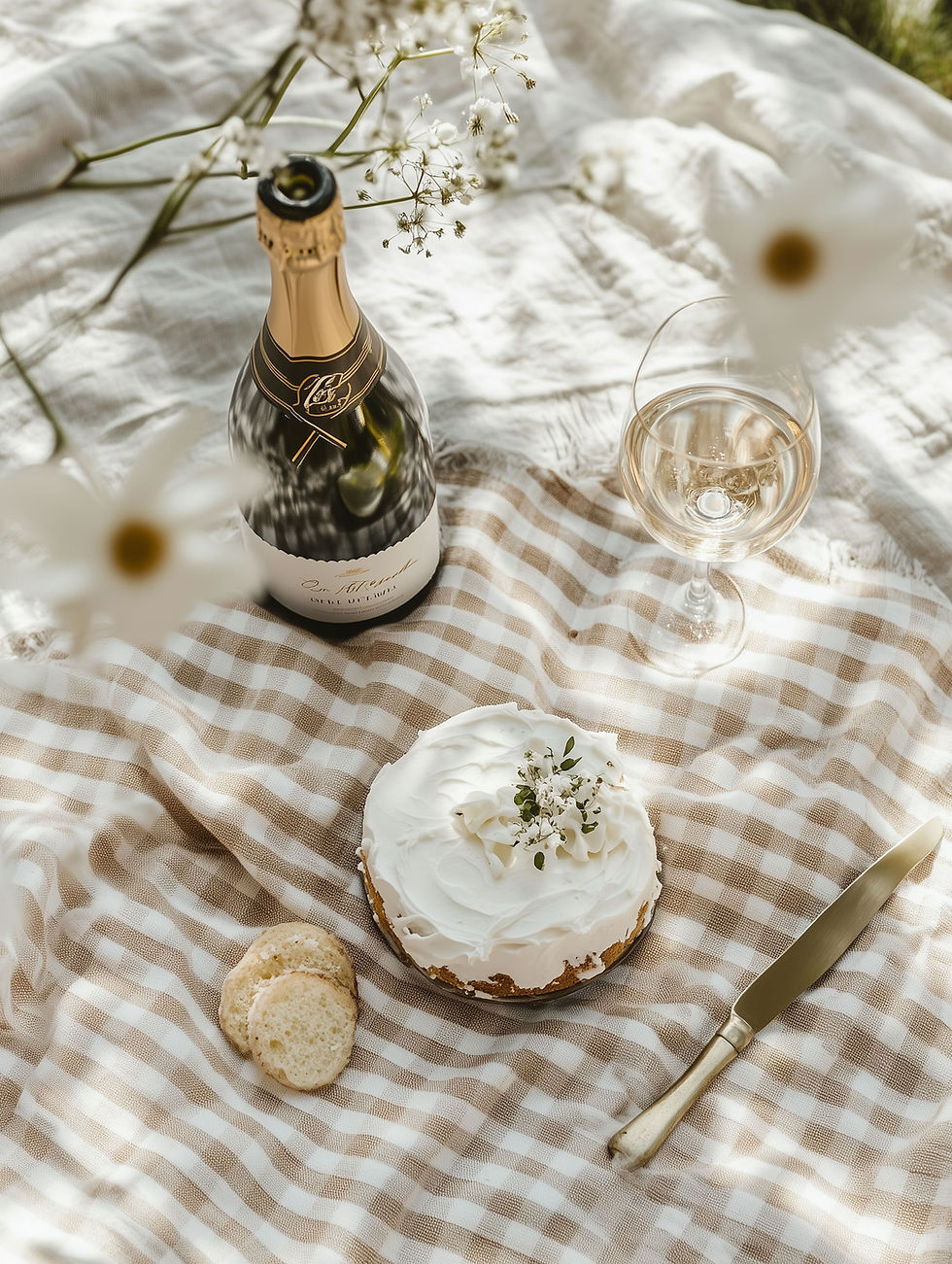 Piquenique com vinho e bolo