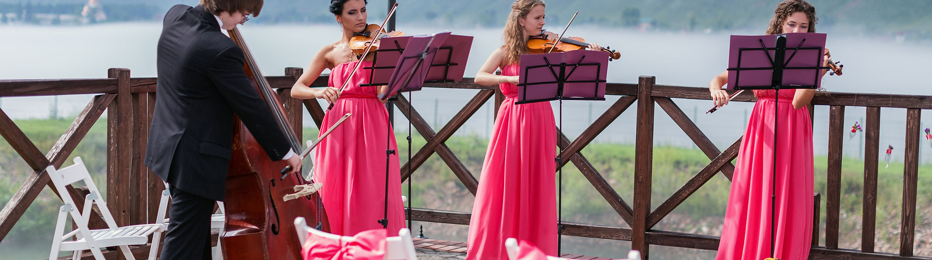 String players playing their instruments during a wedding