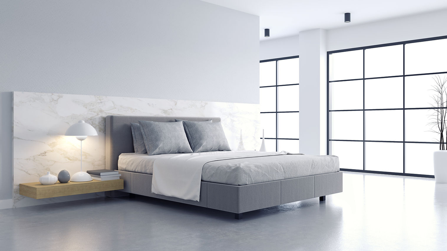 Bedroom And Modern Loft Style ,Bed With Polished Concrete Floor And White Wall