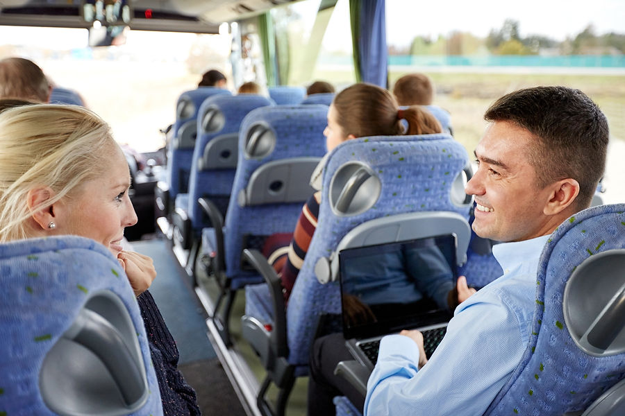 transport, tourism and road trip and people chat on bus
