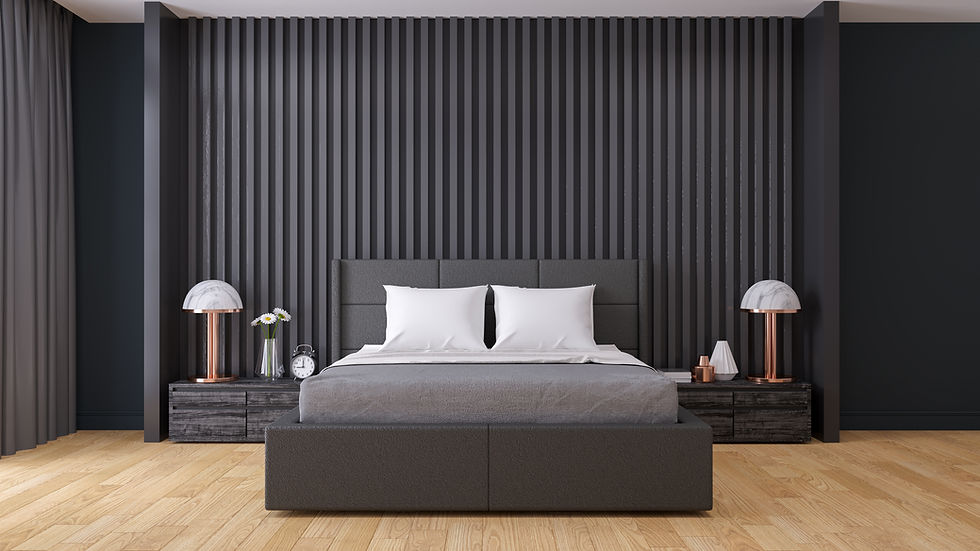 Modern bedroom featuring a grey upholstered bed