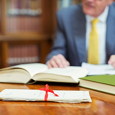 Lawyer researching legal documents in chambers