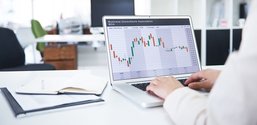 Laptop screen displaying detailed financial stock market and growth charts