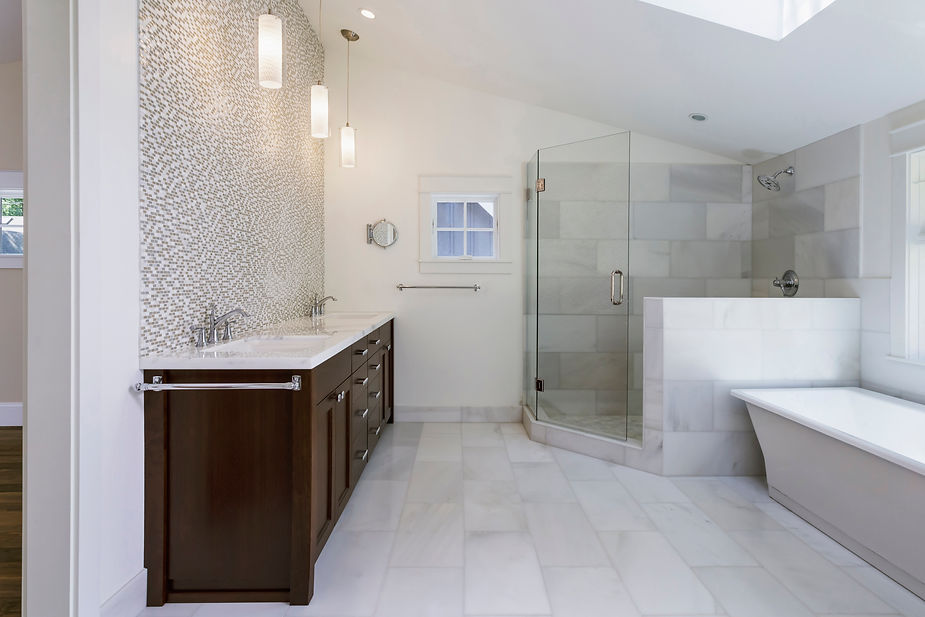 "Sinks, bathtub and shower in modern bathroom"