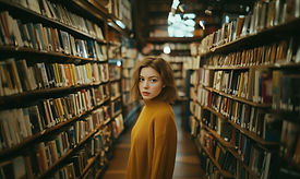 Woman in Library Aisle