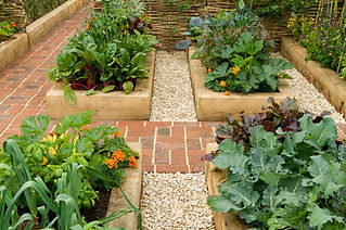Block paving and gravel pathways through vegetable garden
