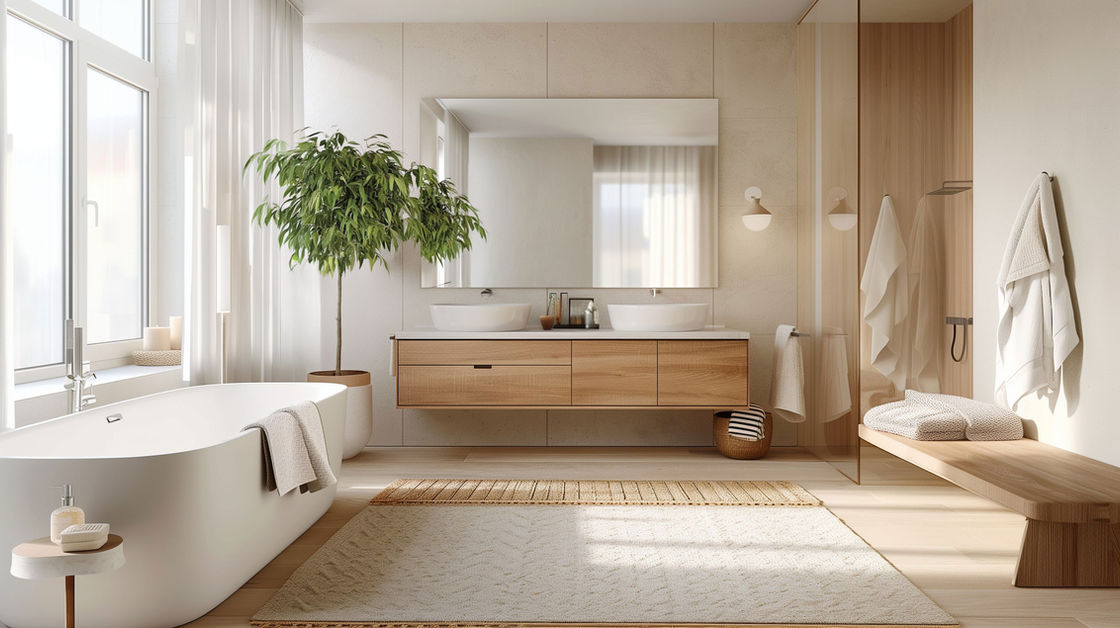 Minimalist luxury vanity and storage built by Strongman Custom Woodworking in Orillia