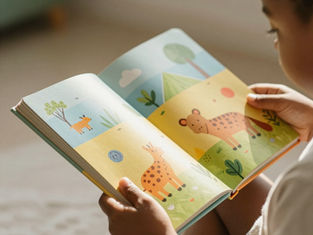 a child holding a book with pictures of animals