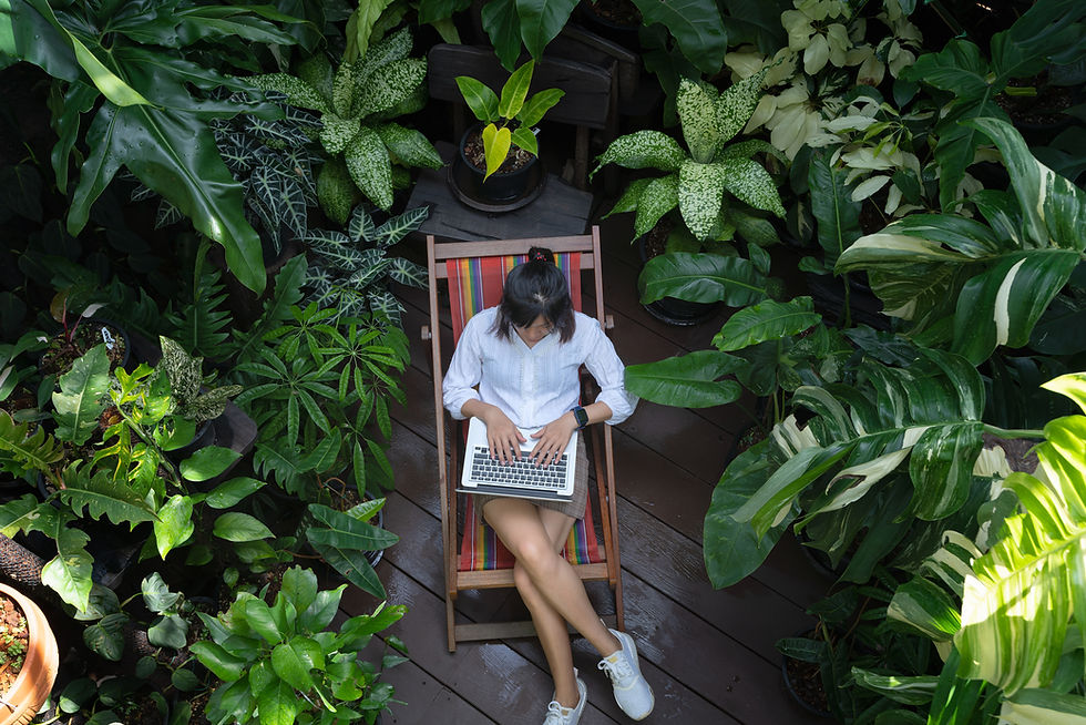 Eine Frau tippt auf einem Notebook im Garten