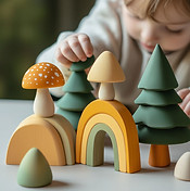 Criança brincando com brinquedos de madeira