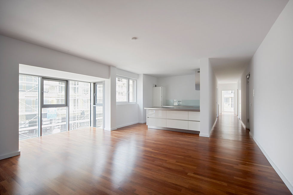 Modern living room interior with kitchen area