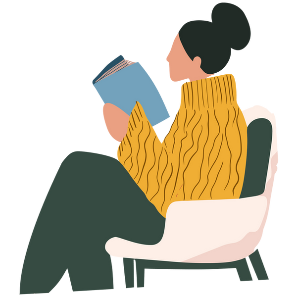 Woman in Orange jumper and green trousers sitting reading a book