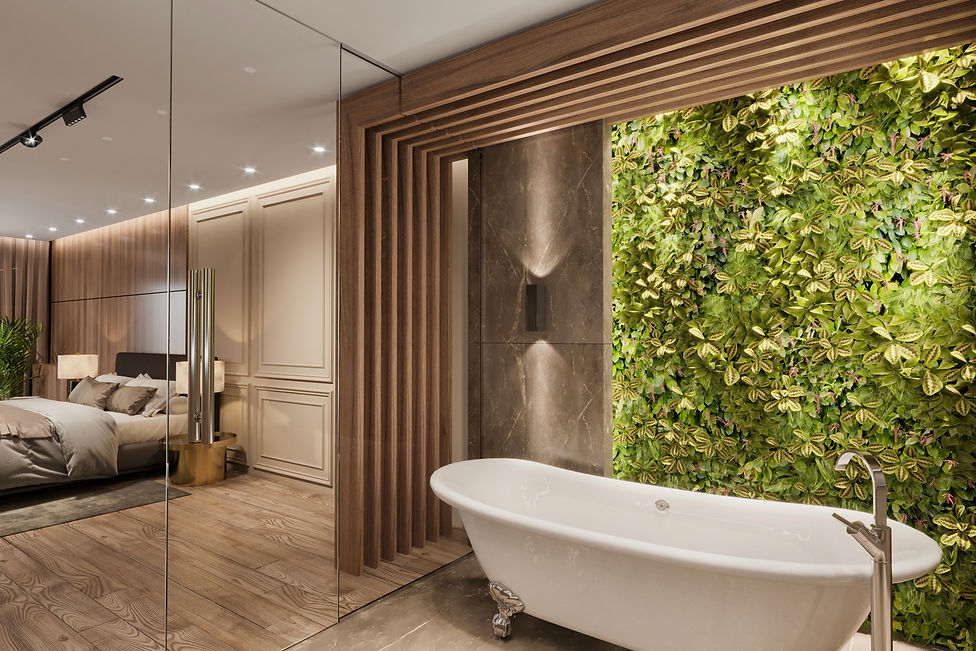 Luxury apartment bathroom interior with bedroom in the background. Large bathtub, green wa