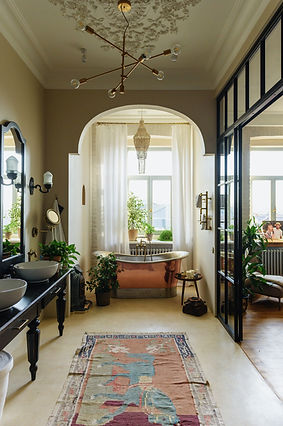 eclectic master bath with copper tub