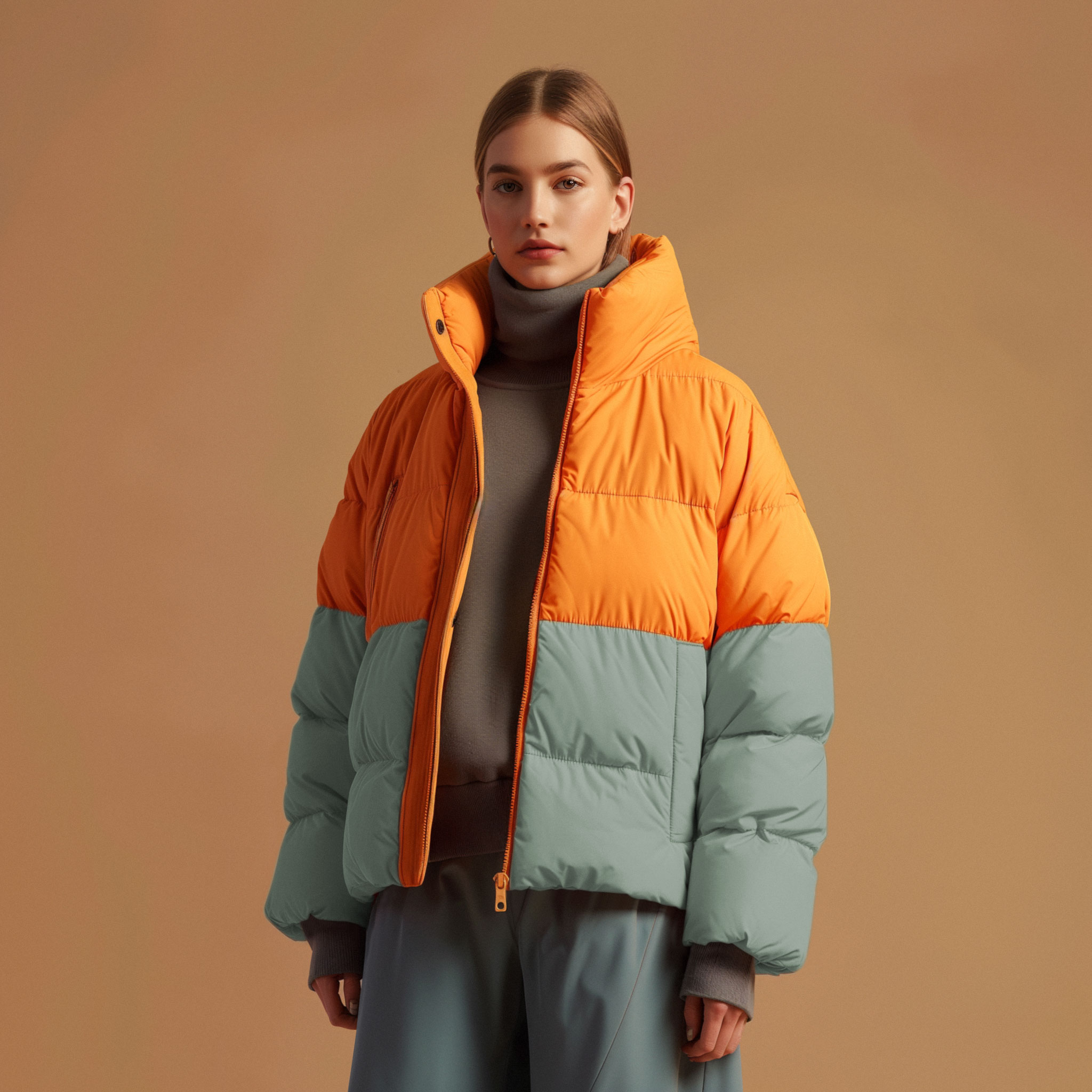 Orange and teal puffer jacket