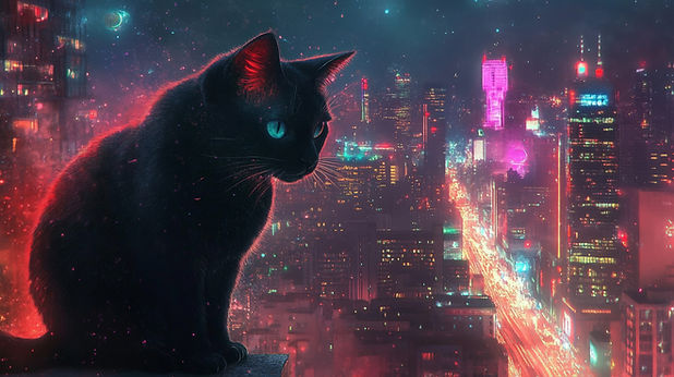 Gato preto na paisagem urbana