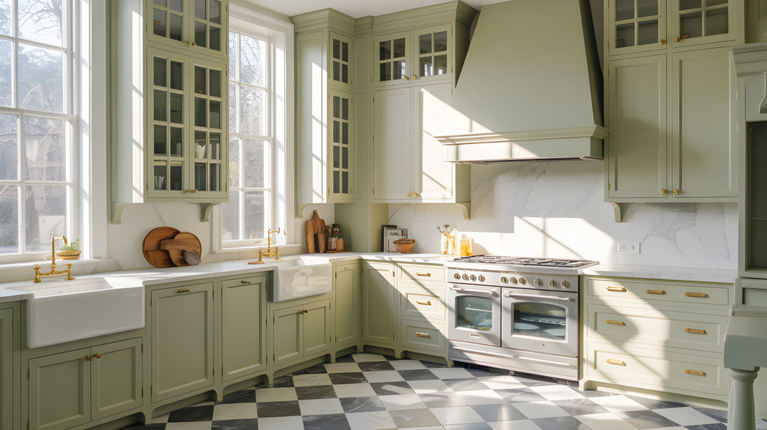 Custom soft green kitchen cabinetry built by Strongman Custom Woodworking in Oro-Medonte
