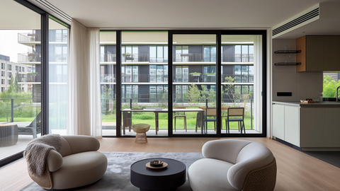 Salon moderne lumineux avec deux fauteuils courbes, table basse noire et grande baie vitrée donnant sur balcon et immeuble.