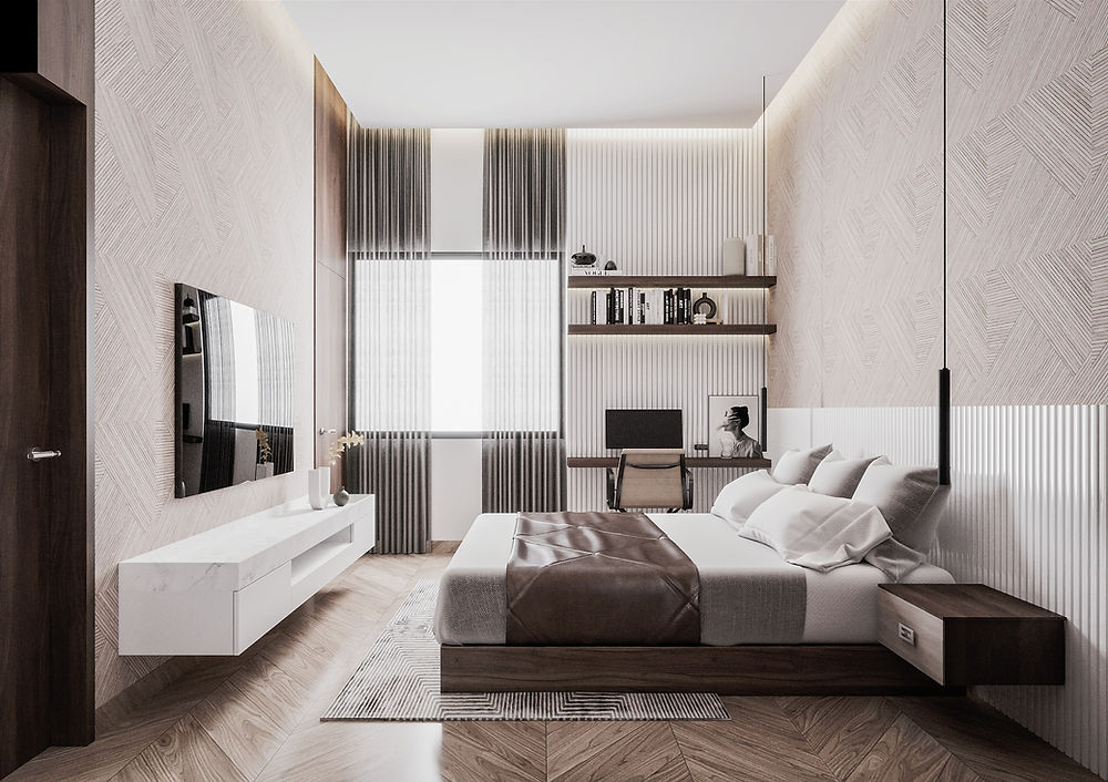 Modern bedroom by lionkind bespoke interiors, bed, TV, and desk.