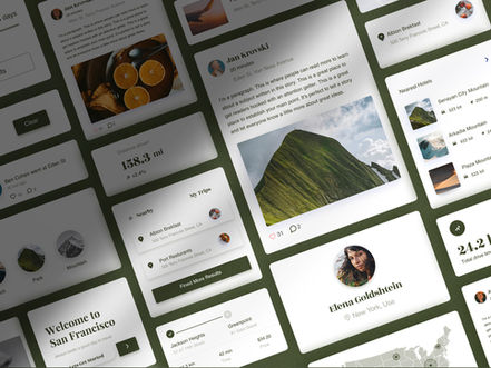 UI dashboard with green accents showing travel stats, locations, and user posts including images of landscapes and descriptions.