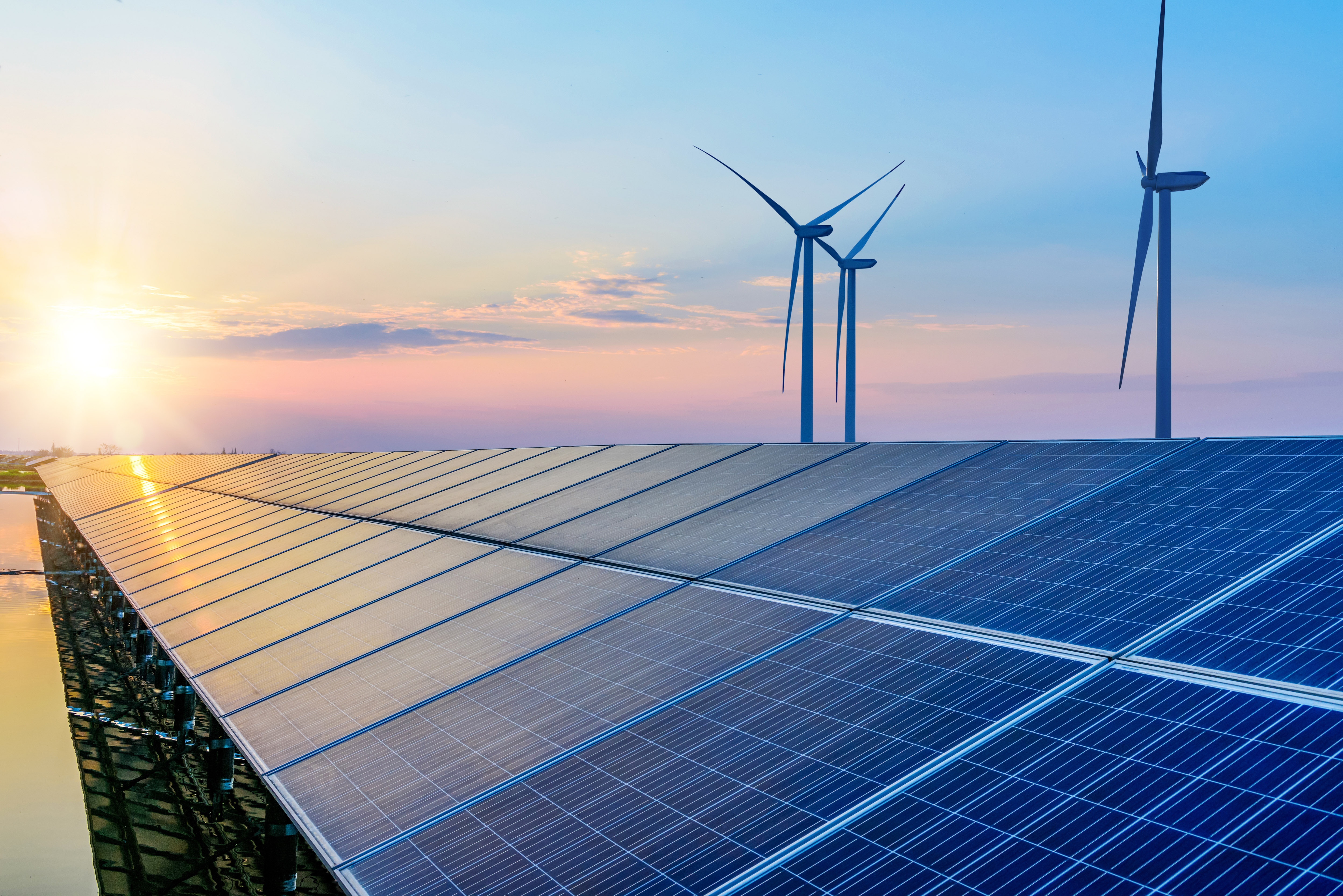 the sun shines brightly over solar panels with 3 wind turbines in the background