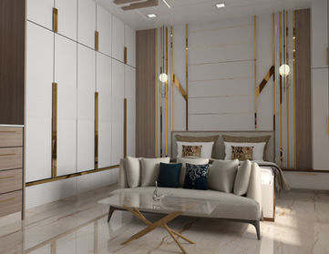 Elegant bedroom with white wardrobes, bed, and sofa