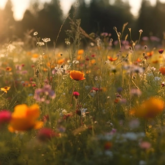 Field of wildflowers with trees and sunlight out of focus in the background. 