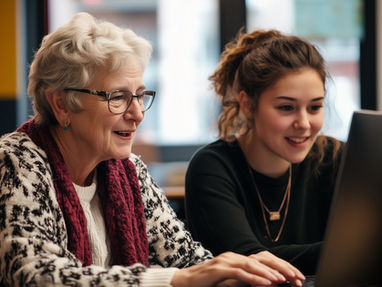 helping elderly person on computer