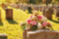 A sunlit cemetery with rows of gravestones and a headstone in the foreground adorned with a bouquet of pink and white flowers