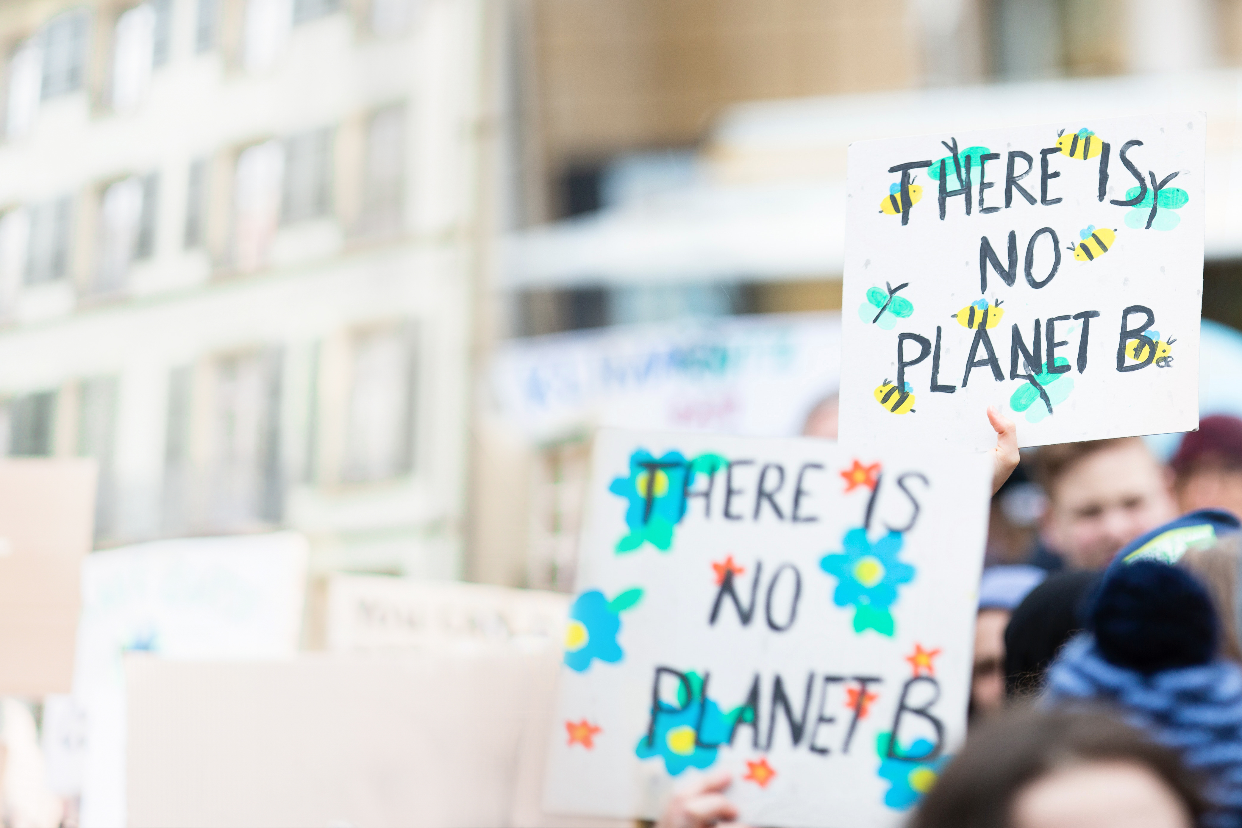 Placards being held up by individuals which say 'there is no Planet B'