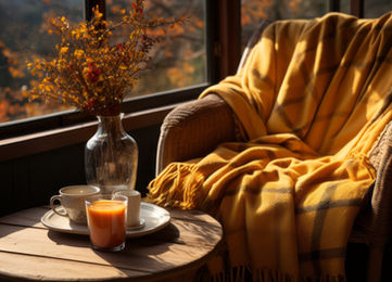 Comfort of warm cozy space with chair book and coffee.