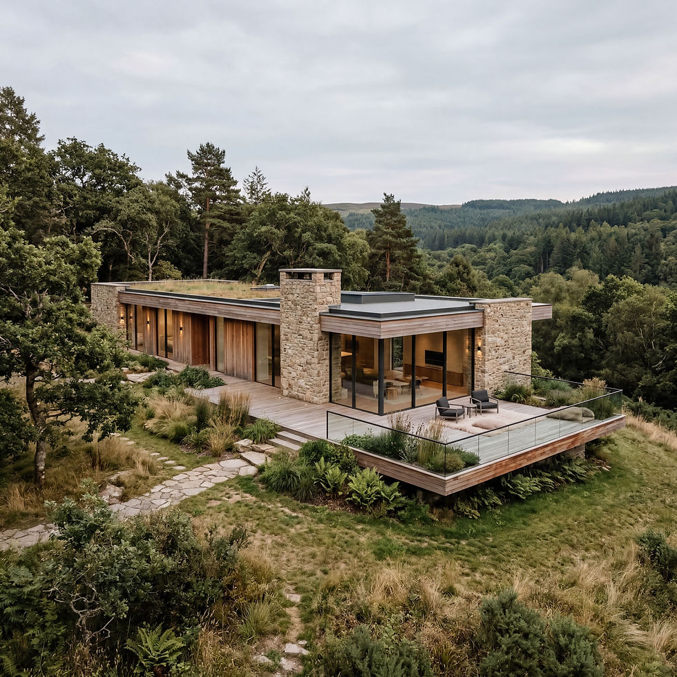 A modern, timber and stone house with green roof in the forest