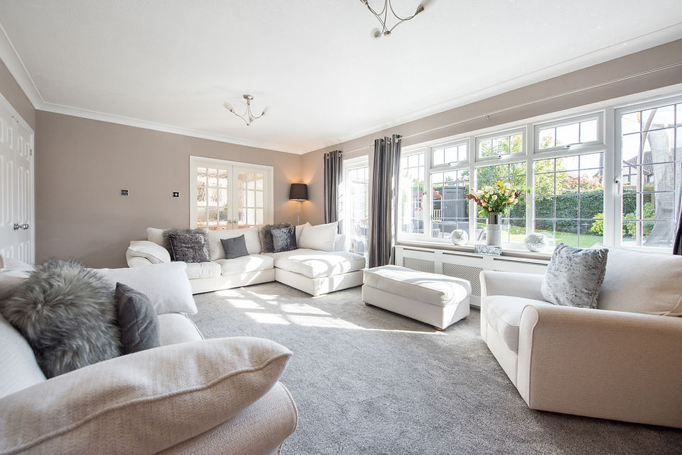 A modern living room setup with carpet flooring