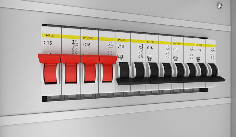 Close up rendering of a clean electrical consumer unit panel with red and black main switches in Crawley