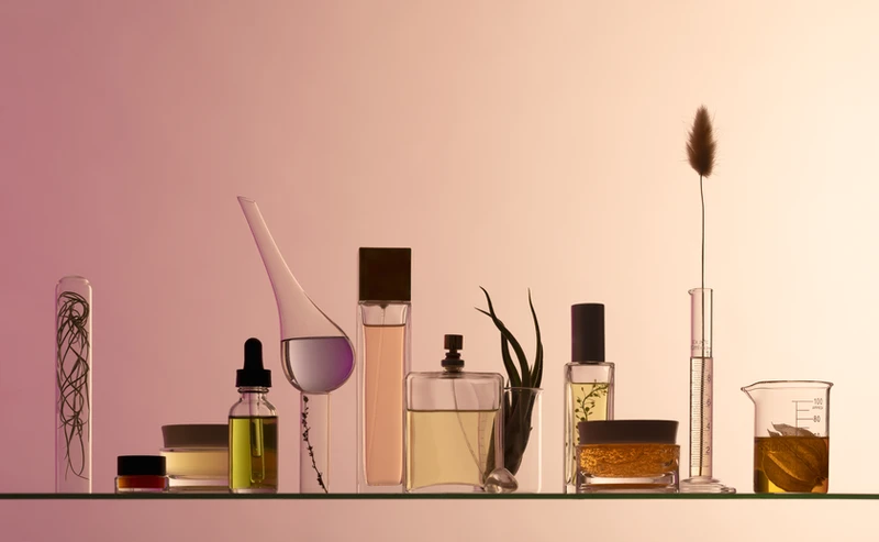 A lineup of a wide variety of beauty products and small plants aligned along a light pink wall.