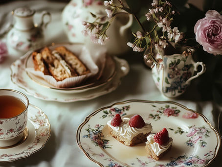 Afternoon Tea set with floral patterns, raspberry-topped pastries, and a teapot on a white tablecloth. Pink flowers add an elegant touch.