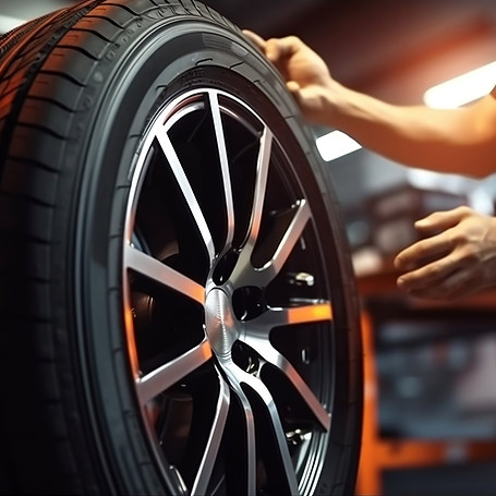 Hands inspecting a glossy black custom painted alloy wheel