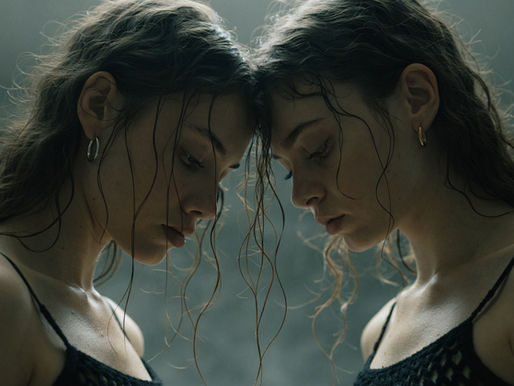Woman facing a mirrored version of herself, representing confusion, identity erosion, and distorted reality in narcissistic abuse.