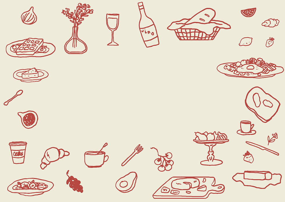 Red line drawings of assorted foods and drinks on a cream background, including a wine bottle, cheese, croissant, coffee cup, and flowers.