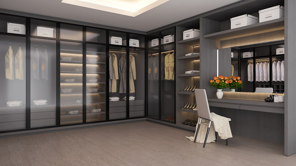 Modern Minimalist Of Dressing Room Interior ,Walk - In Closet With Dark Room