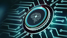 Futuristic circuit board with a glowing blue chip and neural network pattern in the center, set against a dark digital background.
