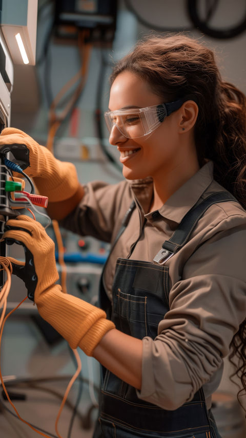 Smiling female electrician working on electrical panel