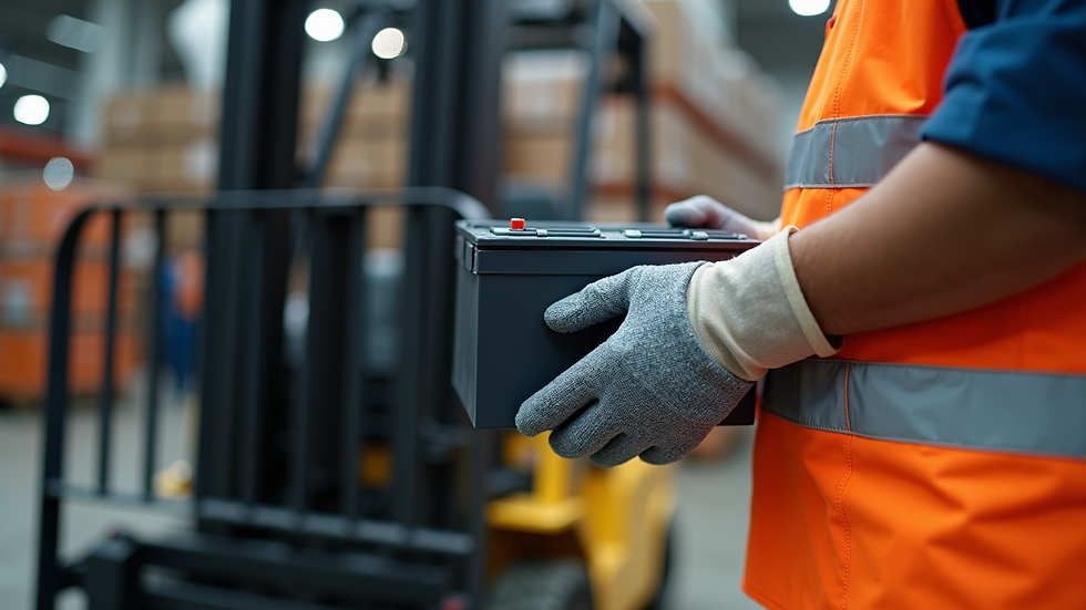 Close-up view of forklift battery with protective gloves and apron nearby