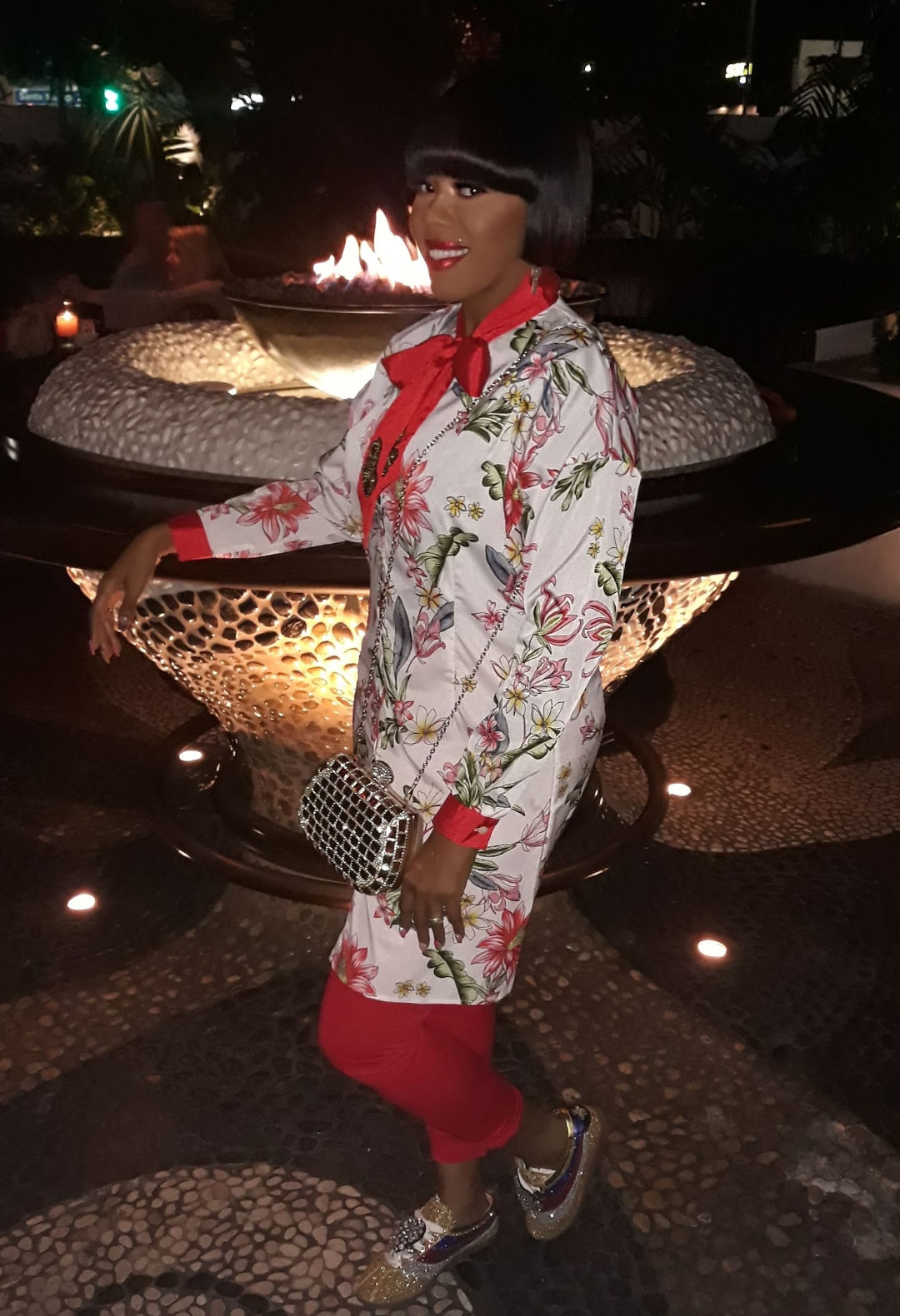 Silk Floral Button Up Dress With BowTie