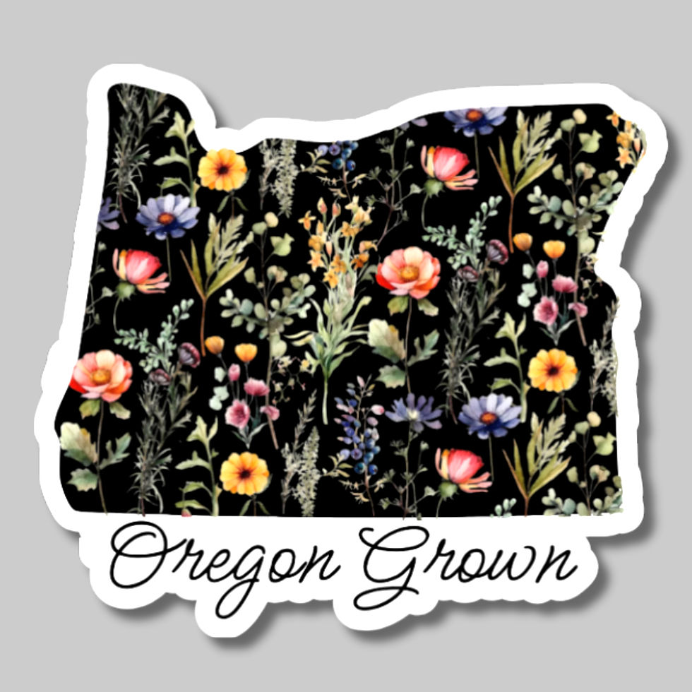 vinyl sticker of the state of oregon with native wildflowers and the words "oregon grown"