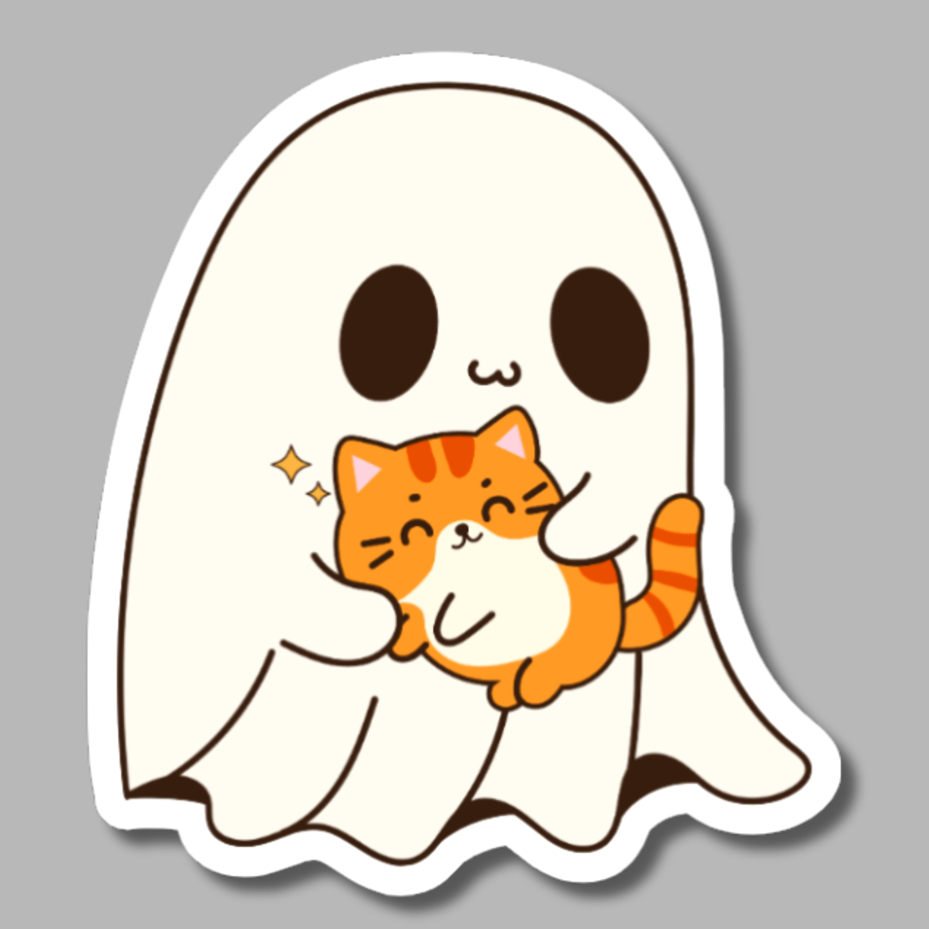 vinyl sticker of a ghost holding a happy orange cat