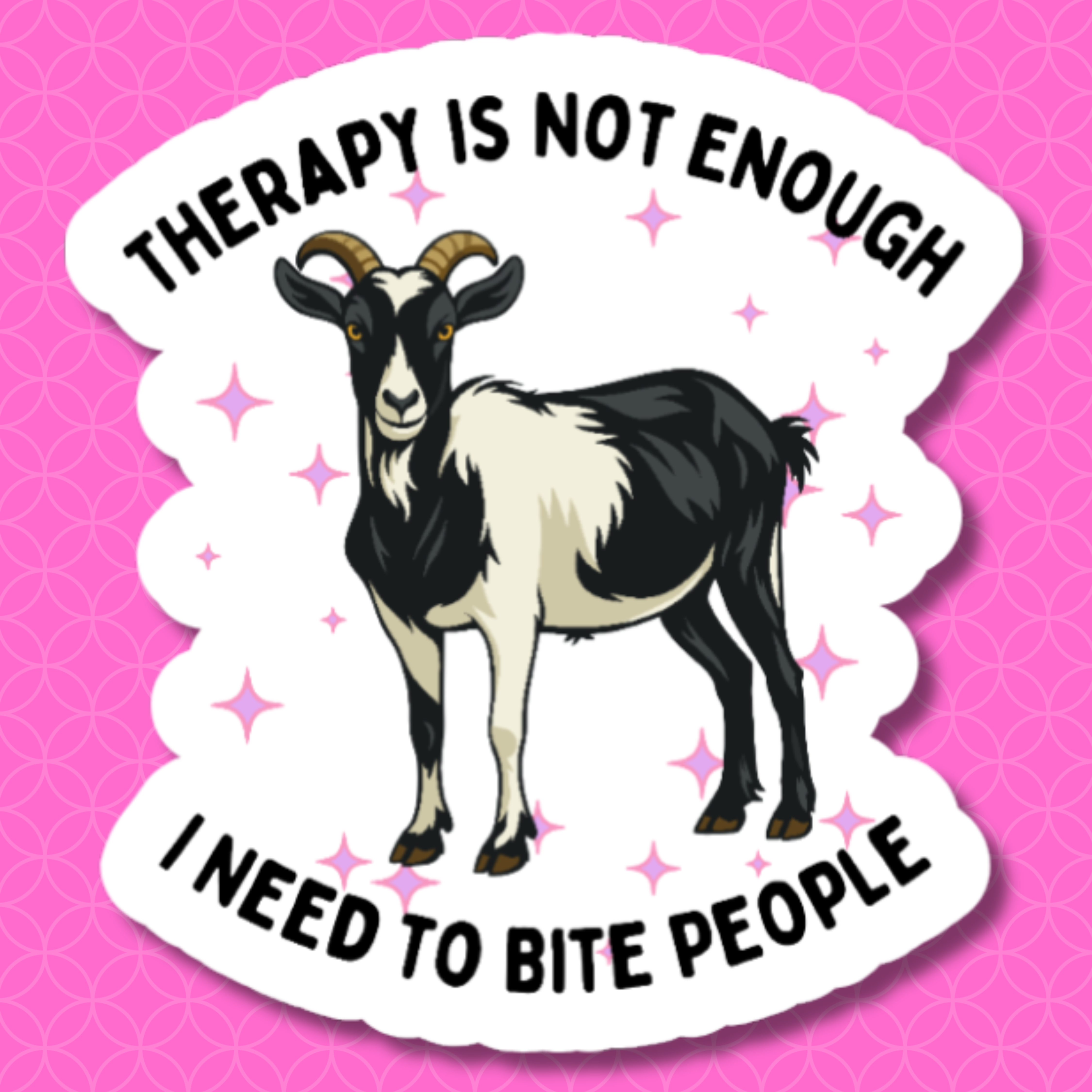 vinyl sticker of a goat and the words "therapy is not enough i need to bite people"