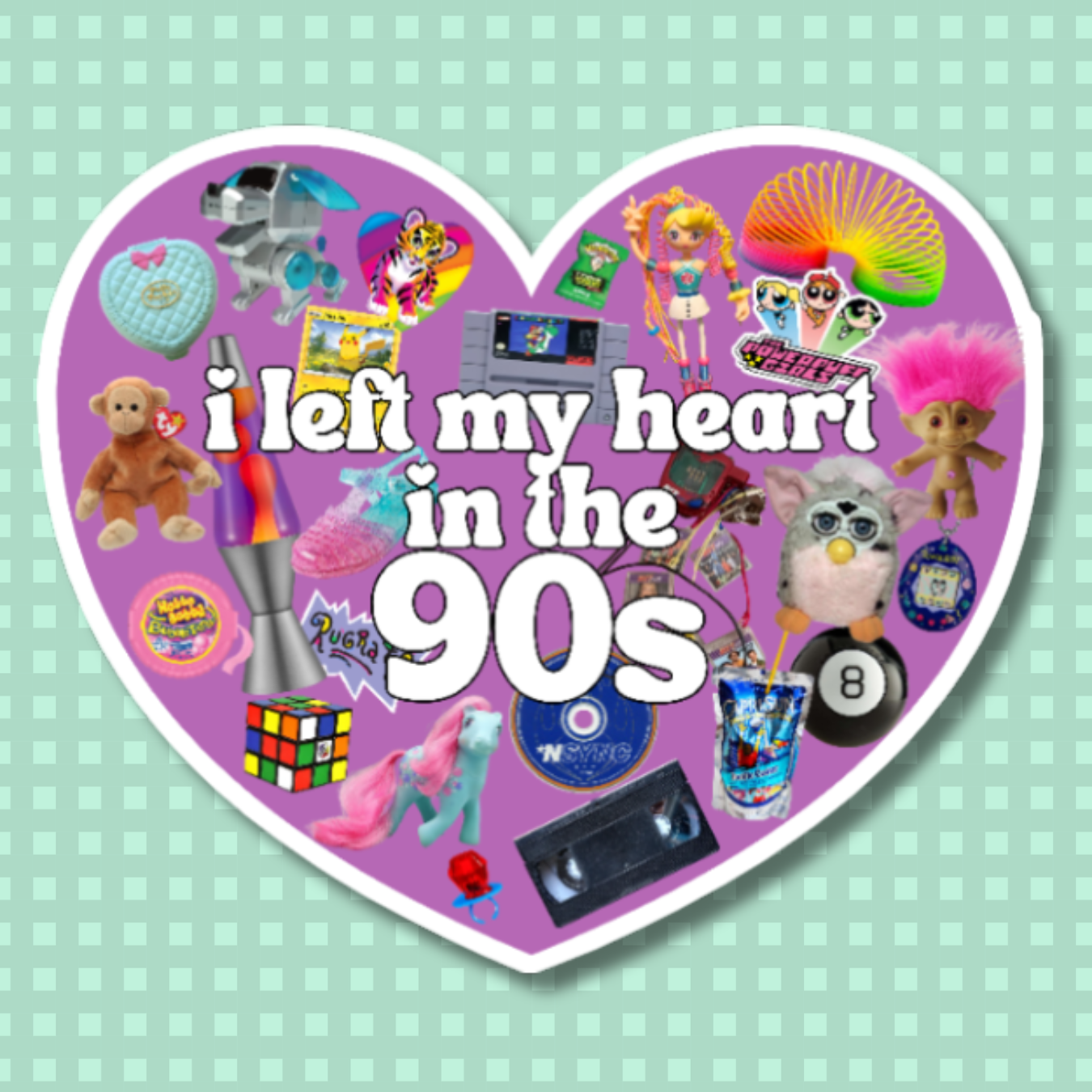 vinyl sticker of a heart with iconic 90s toys and games and the words "i left my heart in the 90s"