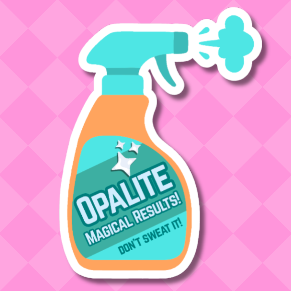 vinyl sticker of a spray bottle with the words "opalite magical results don't sweat it"